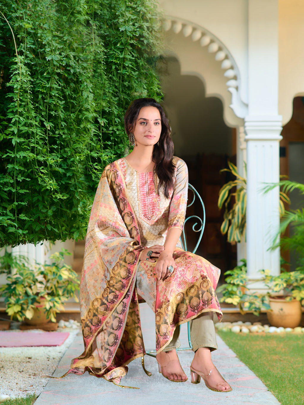 Elegant grey pure silk kurta set with intricate hand embroidery and printed dupatta