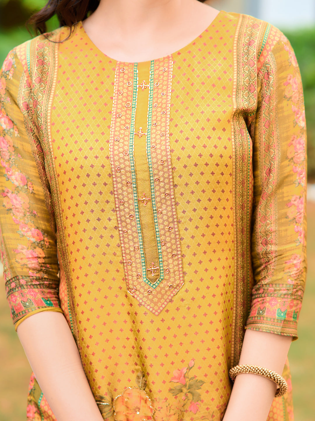 Yellow Pure Silk Kurta Set with Hand Embroidery and Printed Dupatta