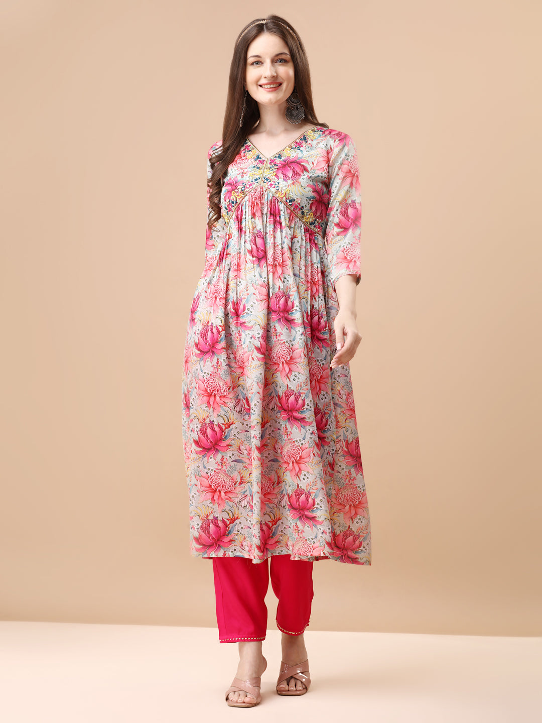 Alia Cut Floral Printed Pure Chinon Kurta Set with Embroidery
