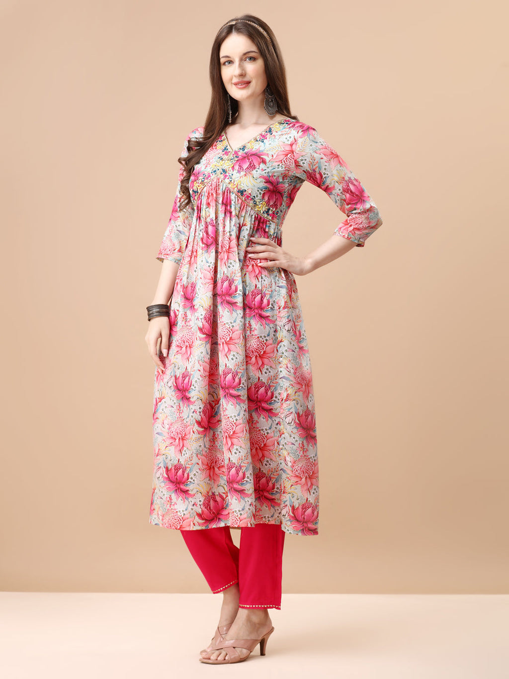 Alia Cut Floral Printed Pure Chinon Kurta Set with Embroidery