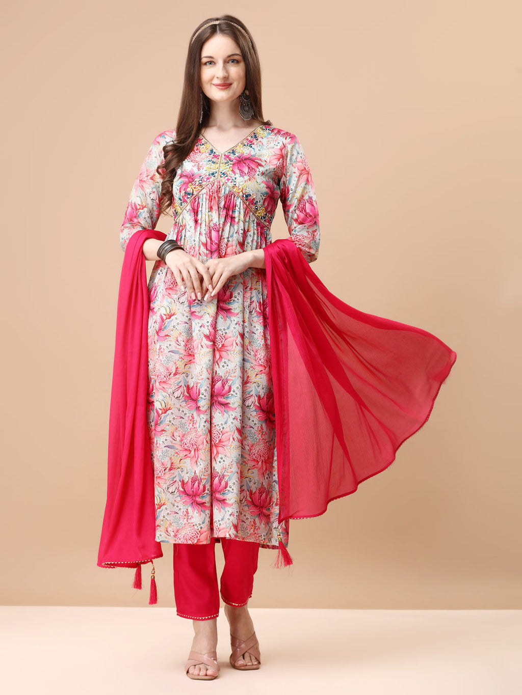 Alia cut floral printed Chinon kurta with hand embroidery and matching dupatta set.