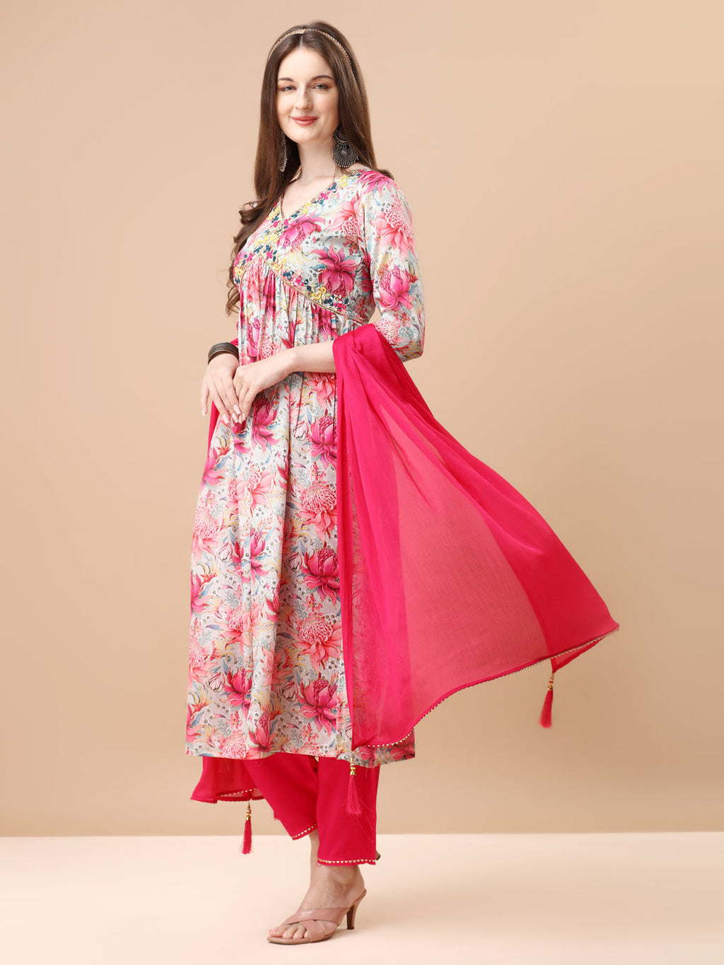 Alia Cut Floral Printed Pure Chinon Kurta Set with Embroidery