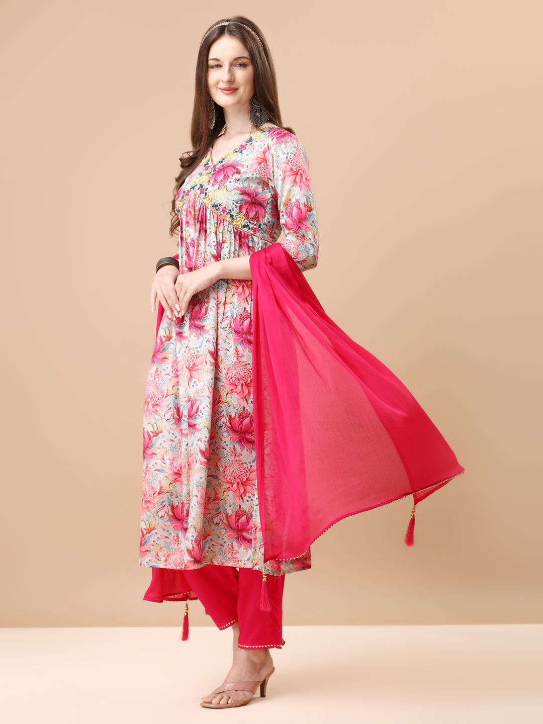 Alia Cut Floral Printed Pure Chinon Kurta Set with Embroidery