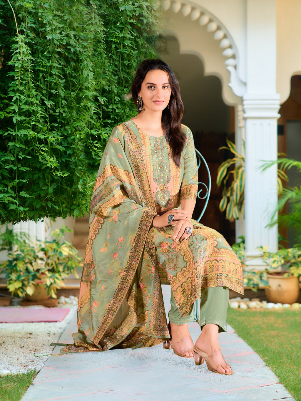 Green pure silk hand-embroidered kurta with matching pant and printed dupatta