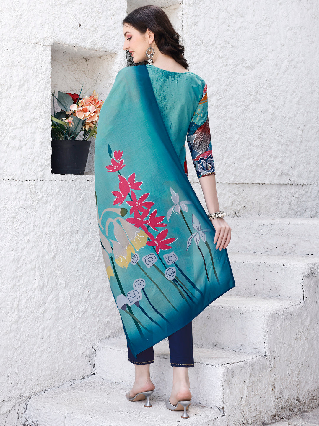 Embroidered Floral Printed Rayon Kurta Pant & Dupatta Set