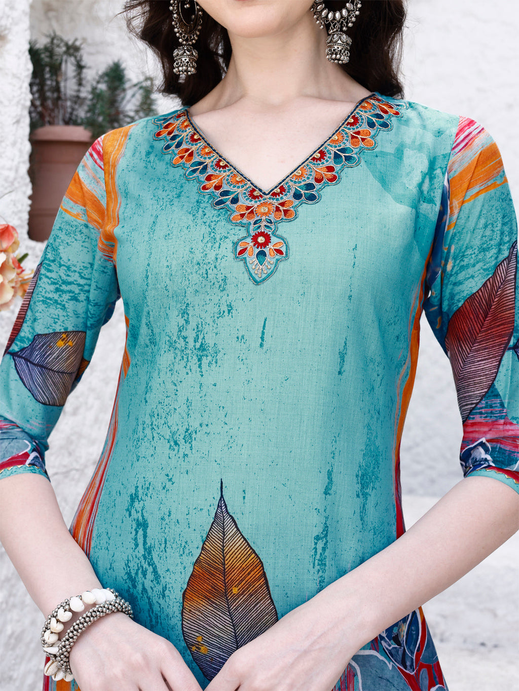 Embroidered Floral Printed Rayon Kurta Pant & Dupatta Set