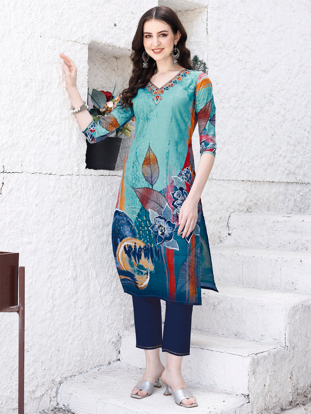 Embroidered Floral Printed Rayon Kurta Pant & Dupatta Set
