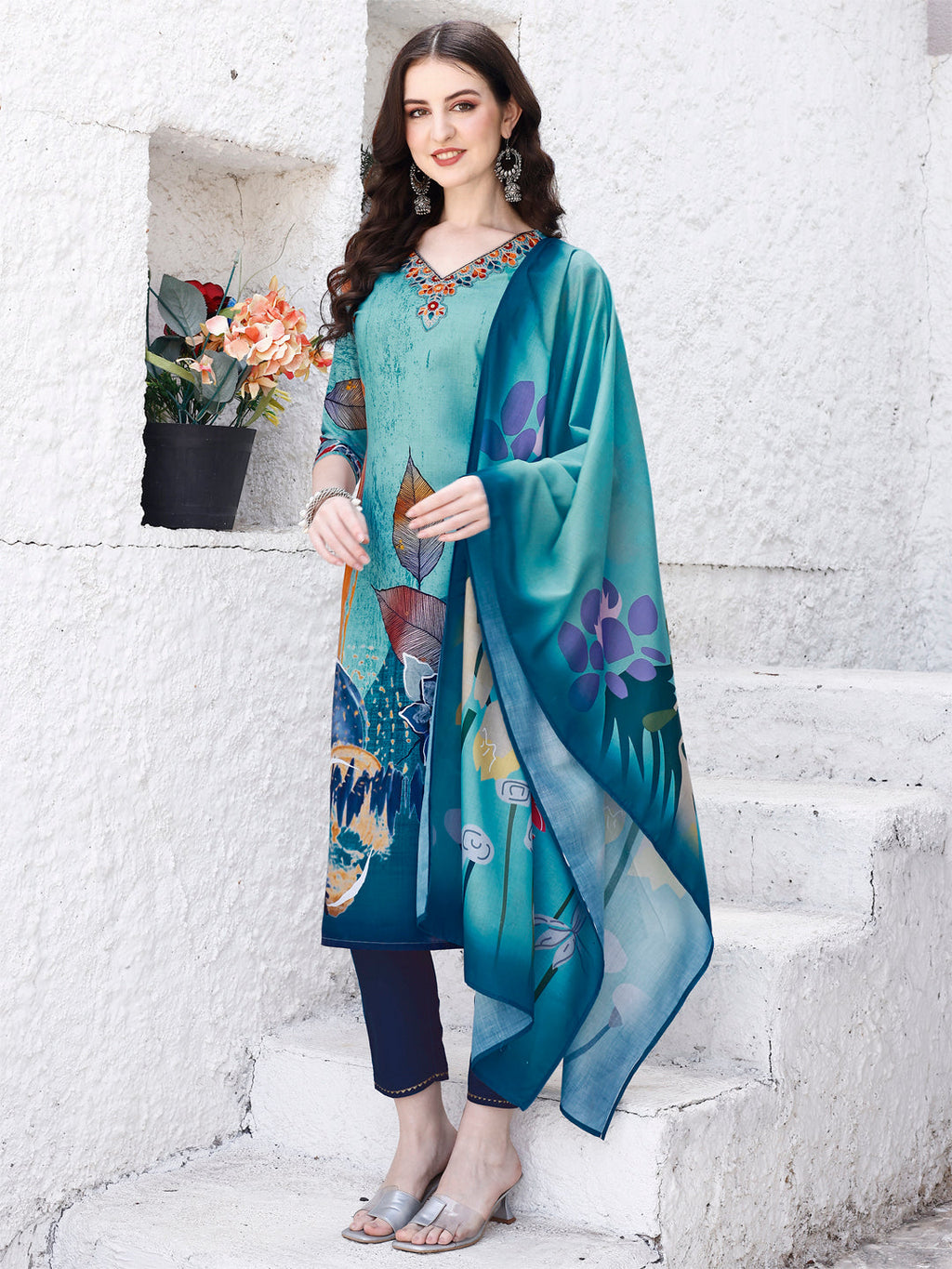 Embroidered and floral printed multicolor rayon kurta with pant and dupatta