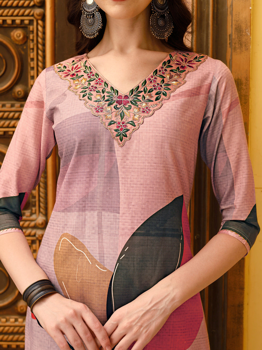 Multicolor Floral Printed Rayon Kurta Set with Embroidery