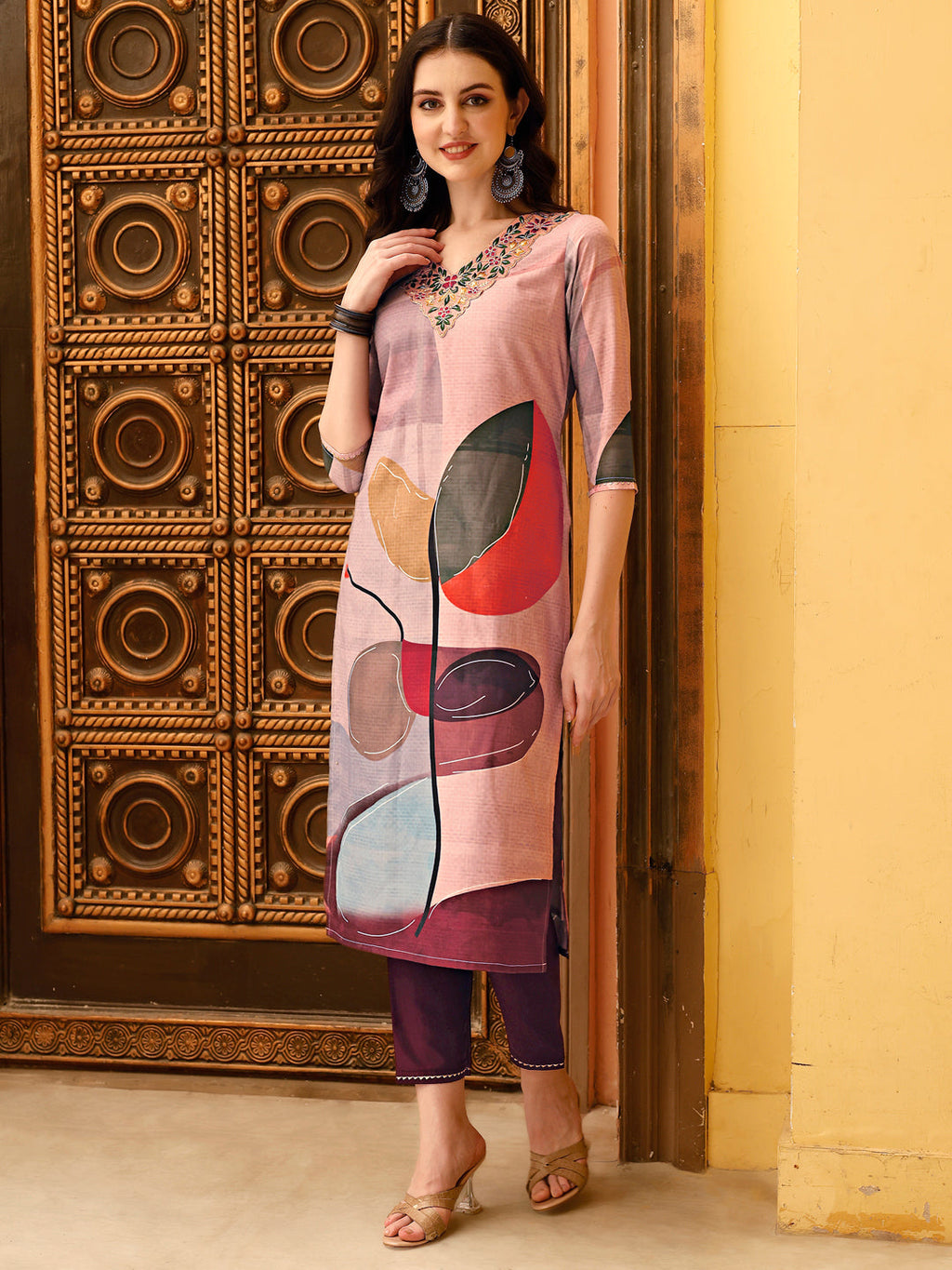 Multicolor Floral Printed Rayon Kurta Set with Embroidery