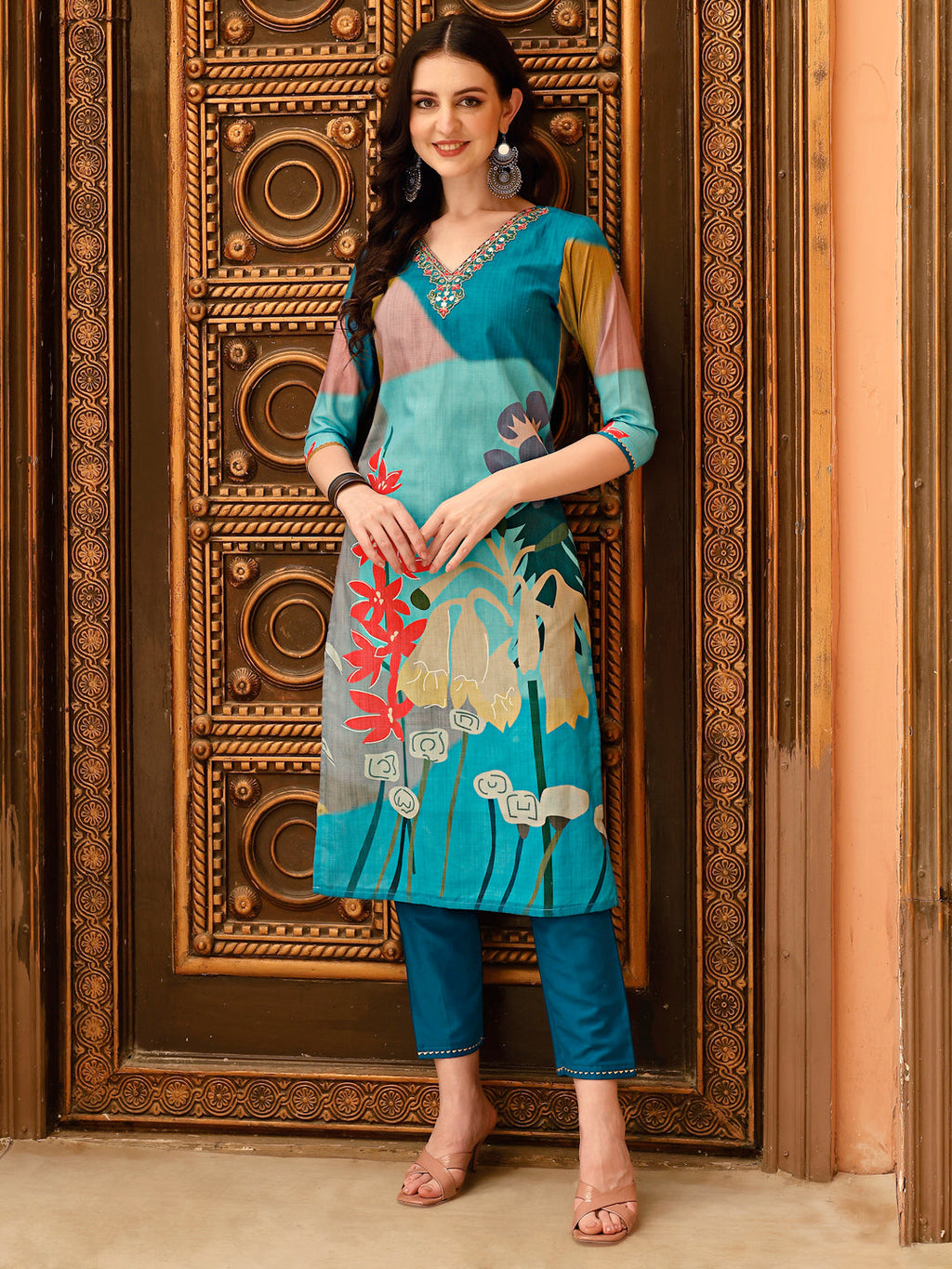 Embroidered Floral Print Kurta Set with Printed Dupatta