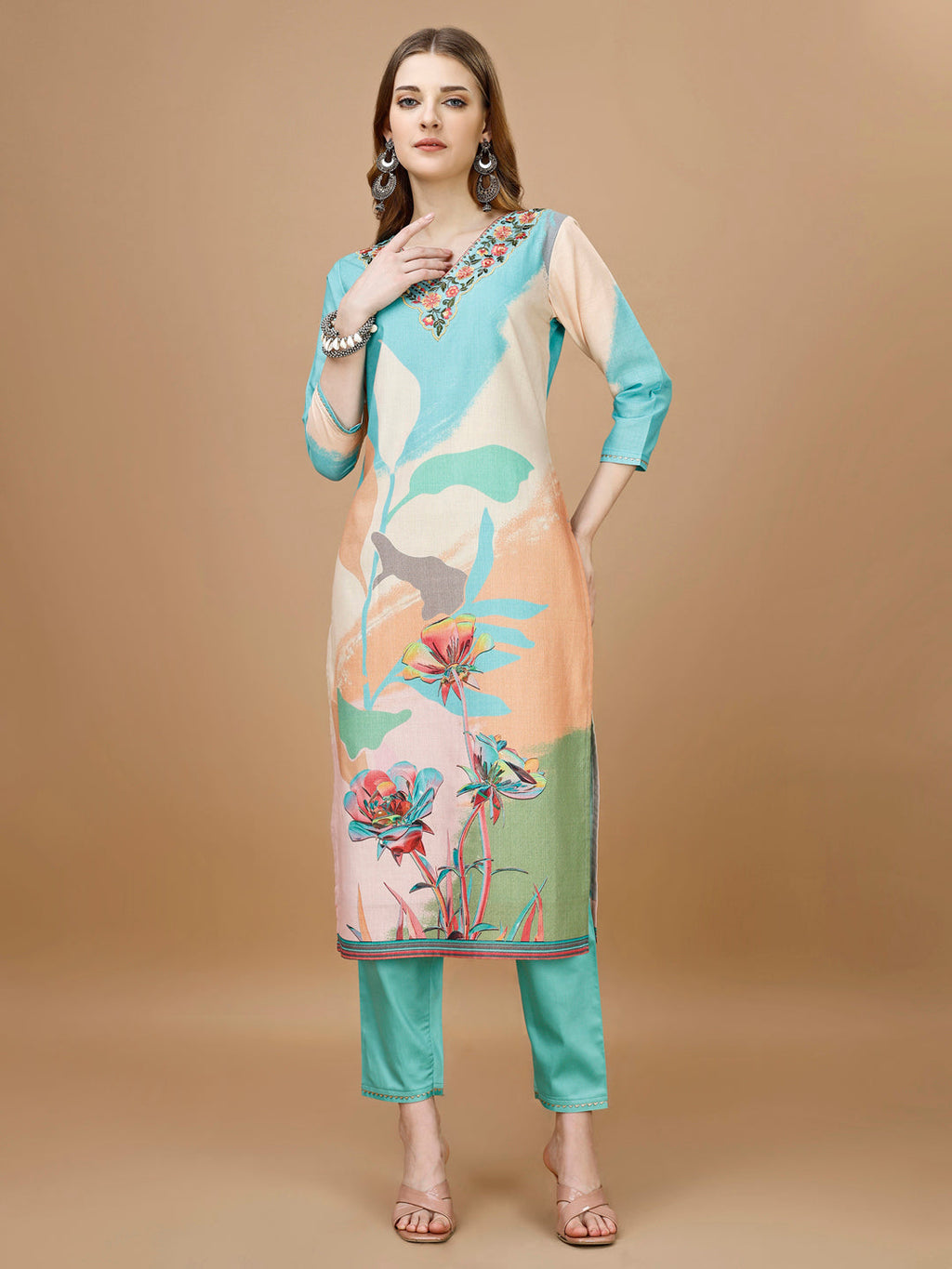 Multicolor Floral Embroidered Kurta Set with Pant and Dupatta