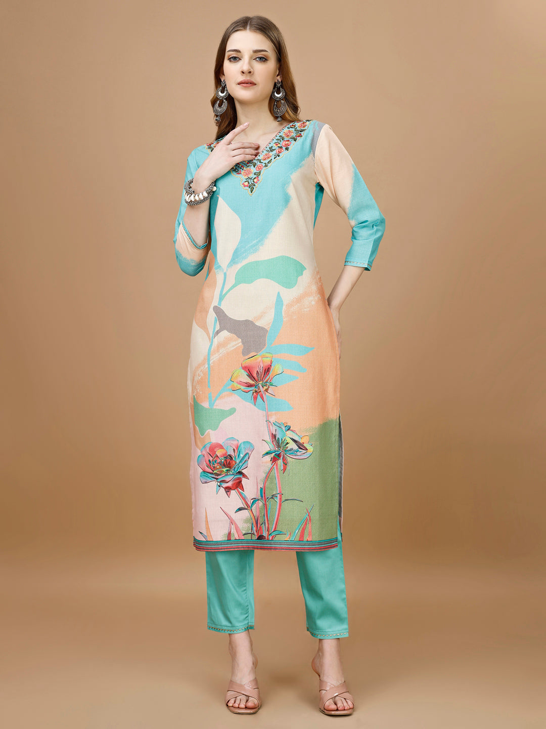 Multicolor Floral Embroidered Kurta Set with Pant and Dupatta