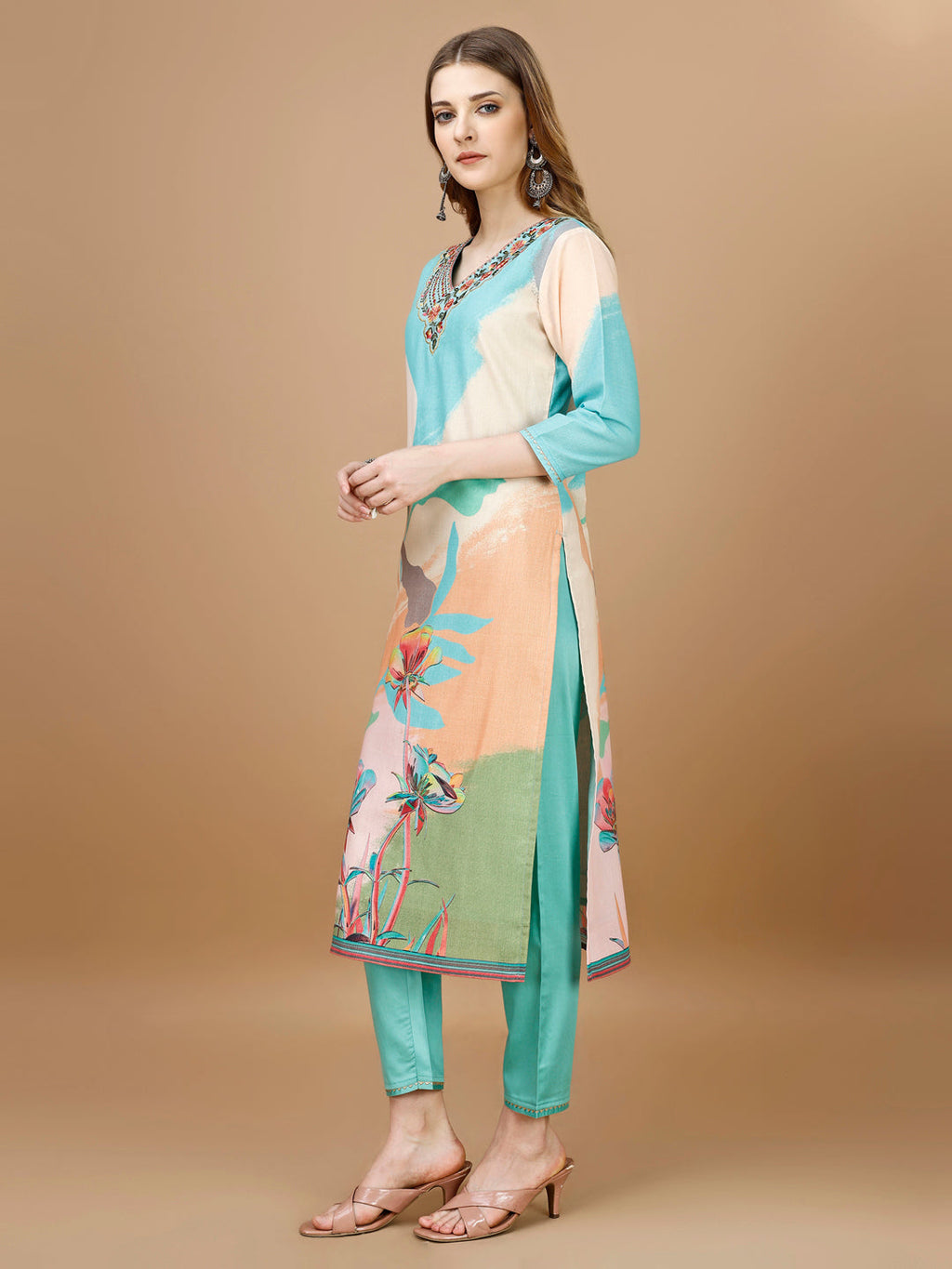 Multicolor Floral Embroidered Kurta Set with Pant and Dupatta