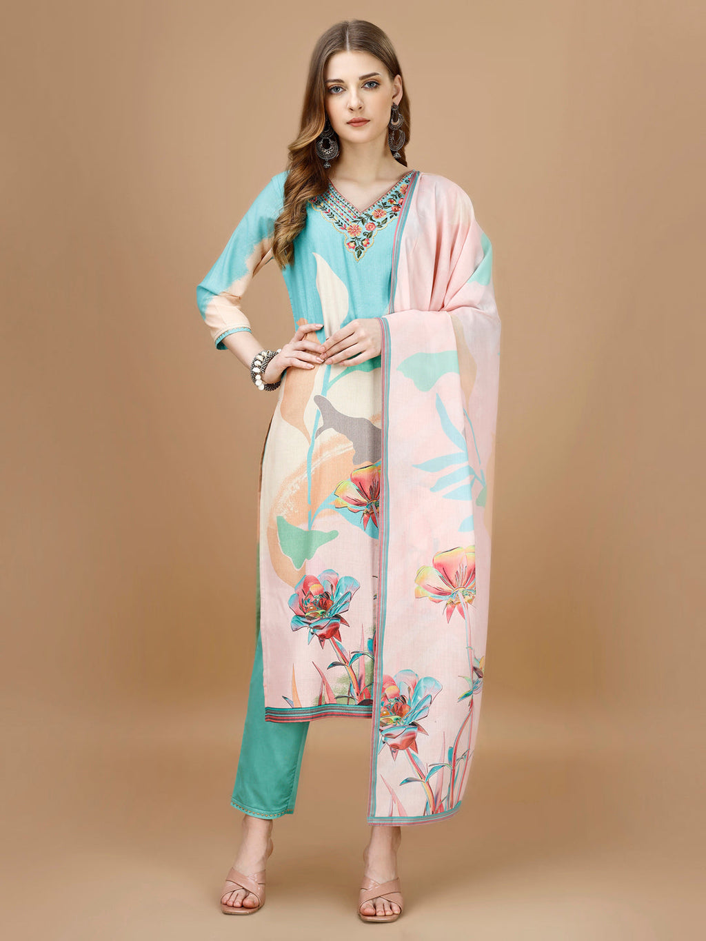 Multicolor embroidered and floral printed rayon kurta set with matching pant and dupatta