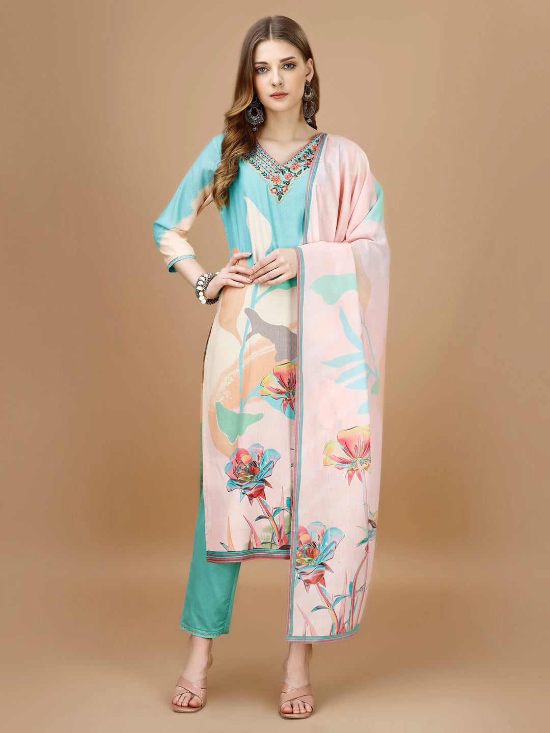 Multicolor embroidered and floral printed rayon kurta set with matching pant and dupatta