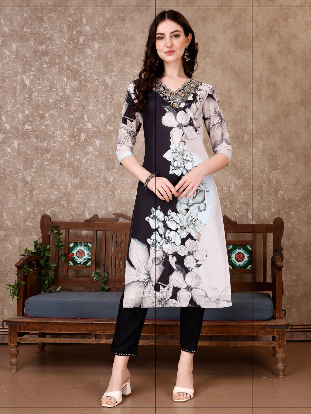 Black Embroidered Floral Printed Kurta Set with Pant and Dupatta