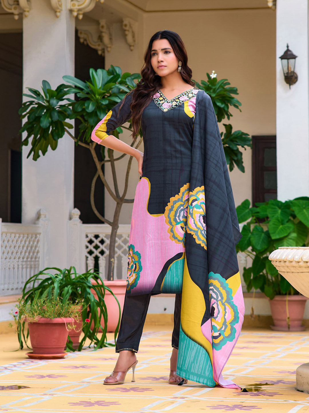 Lavender Floral Printed & Embroidered Kurta Set with Dupatta