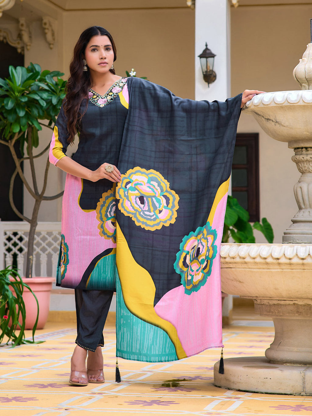 Lavender floral printed and embroidered cotton kurta set with matching dupatta