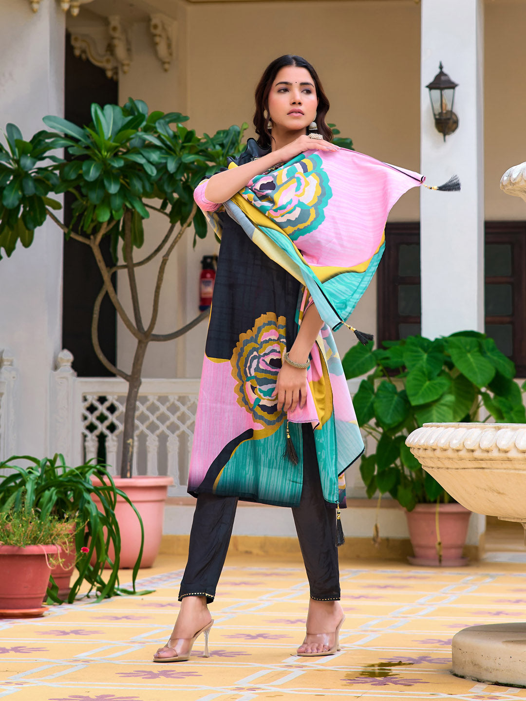 Lavender Floral Printed & Embroidered Kurta Set with Dupatta