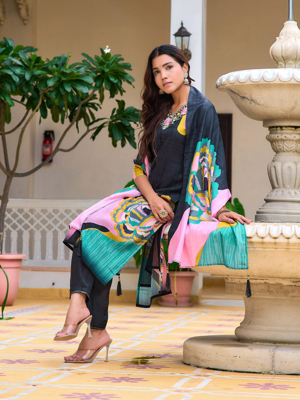 Lavender Floral Printed & Embroidered Kurta Set with Dupatta
