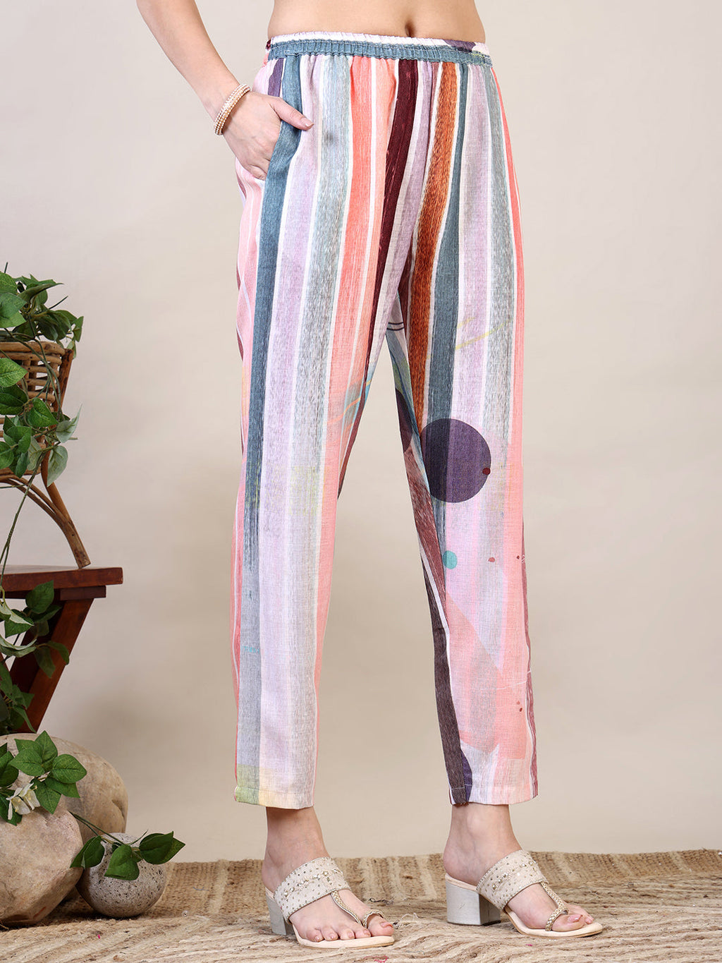 Multicolor Embroidered Striped Floral Kurta with Pant and Dupatta