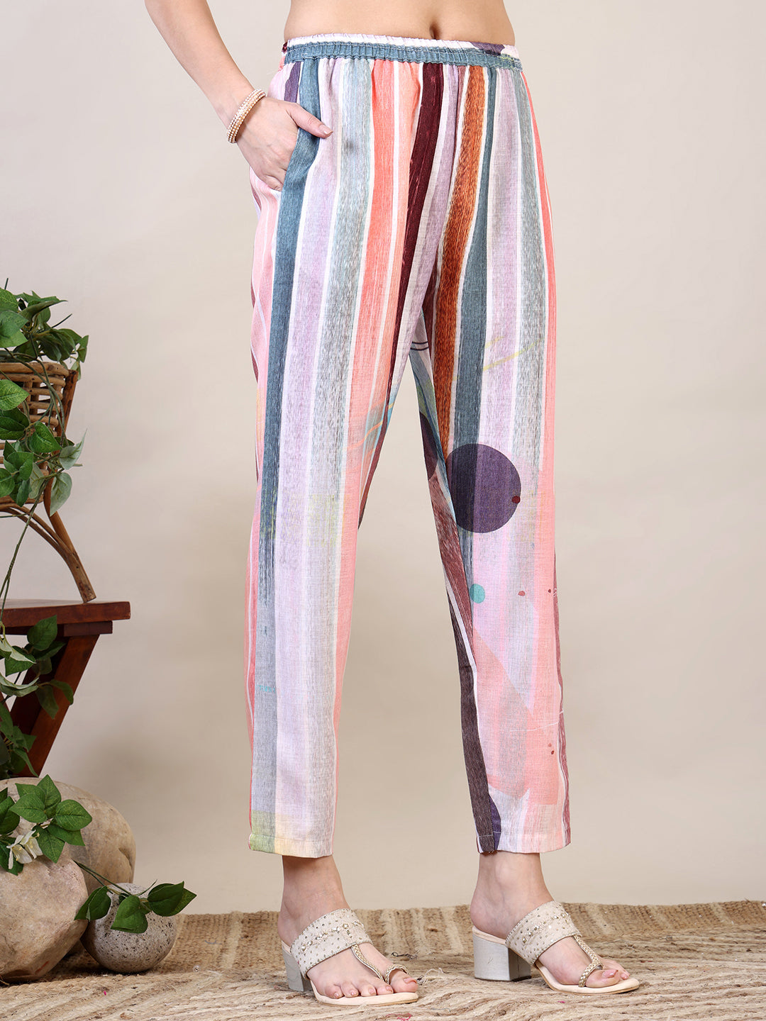 Multicolor Embroidered Striped Floral Kurta with Pant and Dupatta