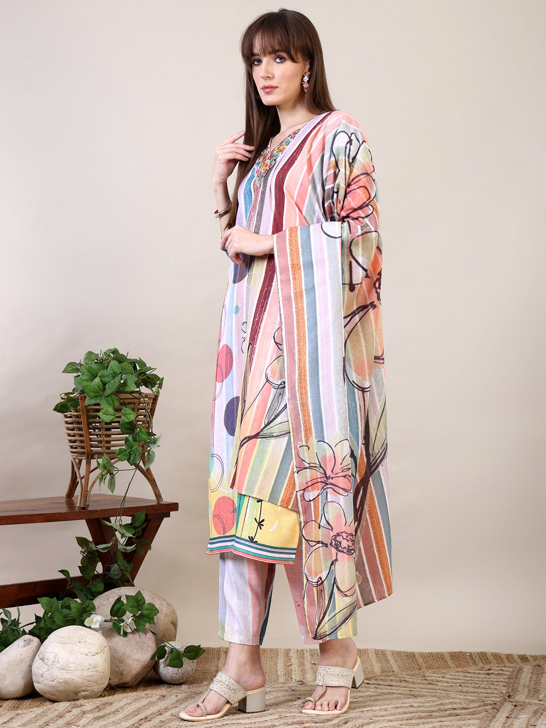 Multicolor Embroidered Striped Floral Kurta with Pant and Dupatta