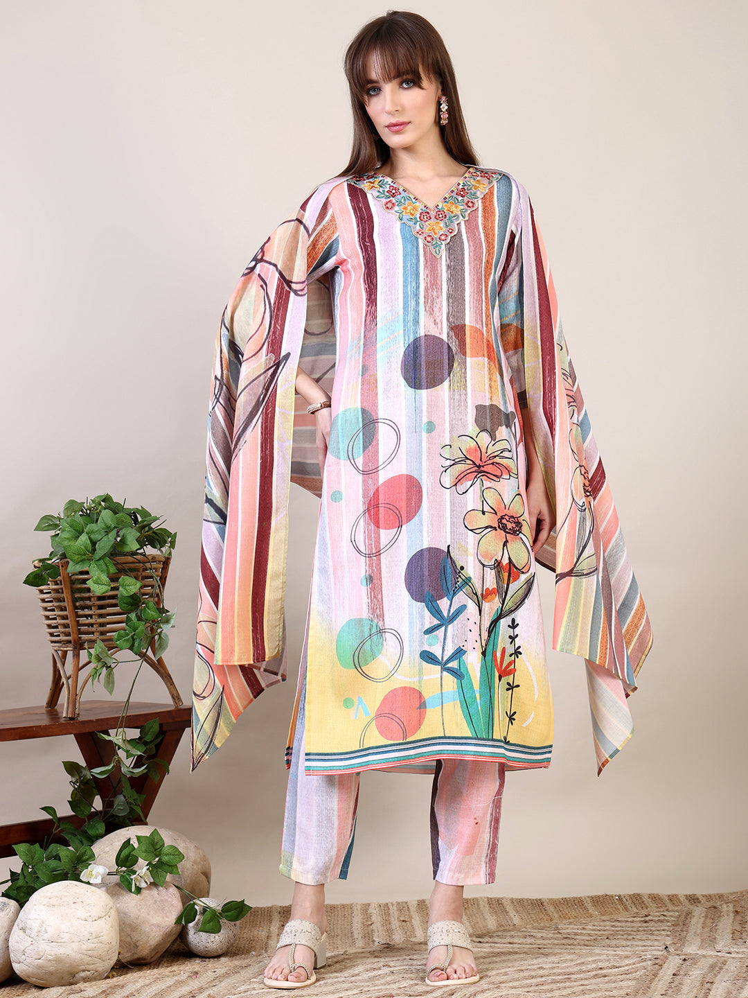 Multicolor embroidered and striped floral kurta set with pants and dupatta
