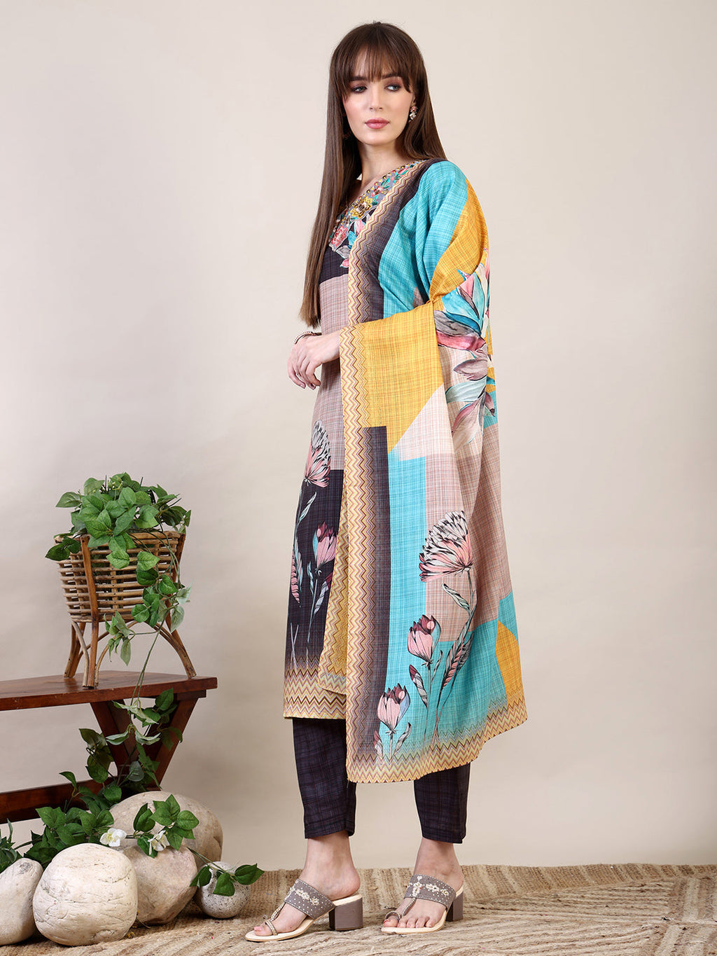 Multicolor Embroidered and Printed Kurta Set with Dupatta