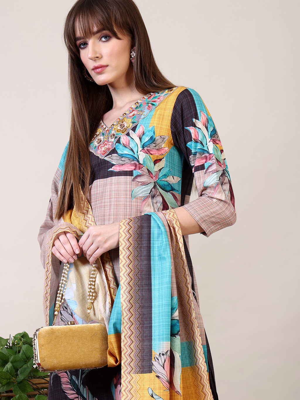 Multicolor Embroidered and Printed Kurta Set with Dupatta
