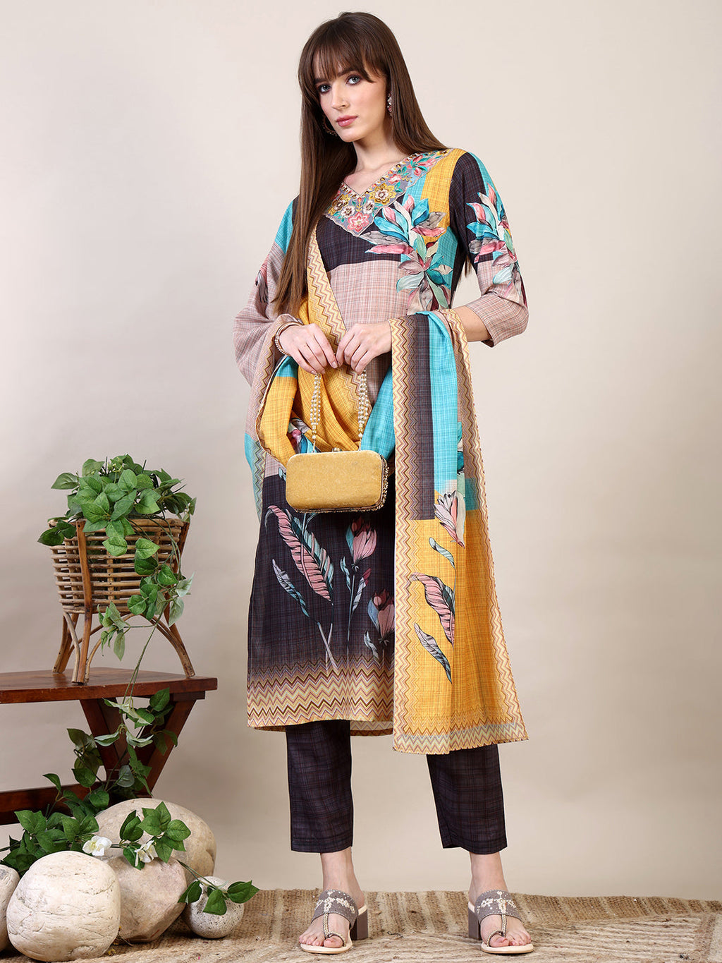 A vibrant multicolor embroidered and printed cotton kurta set with matching pants