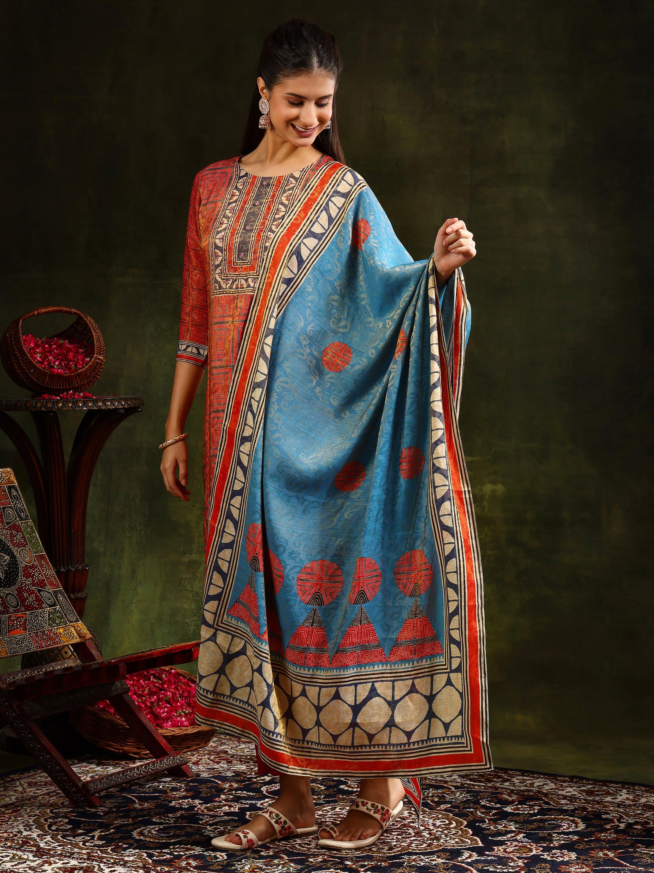 Rust Hand Embroidered Pure Silk Jacquard Kurta Set with Dupatta