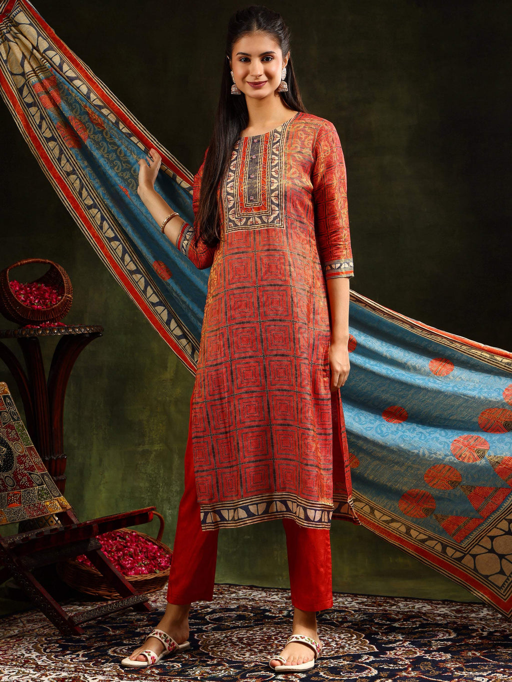 Rust Hand Embroidered Pure Silk Jacquard Kurta Set with Dupatta