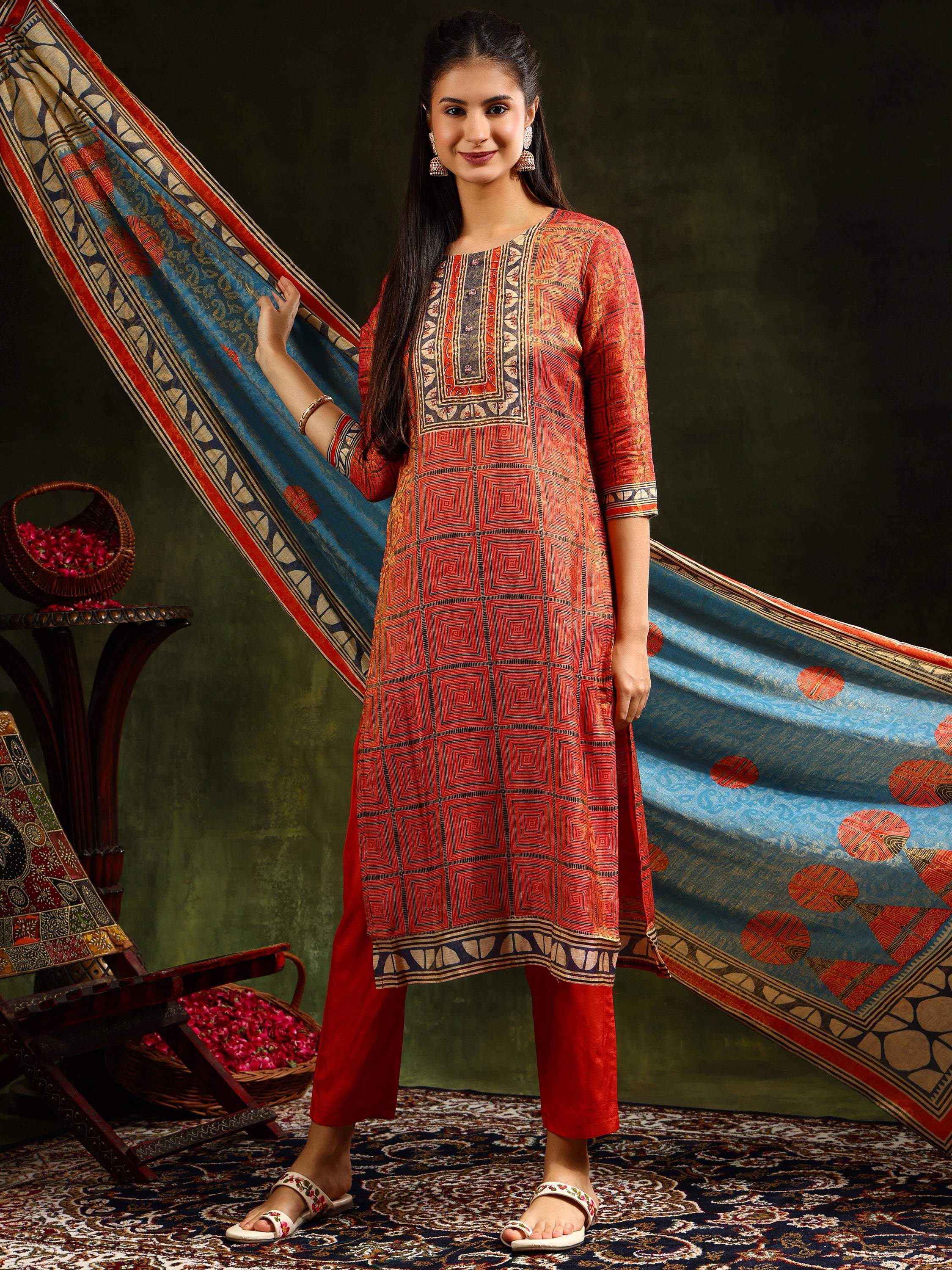 Rust Hand Embroidered Pure Silk Jacquard Kurta Set with Dupatta