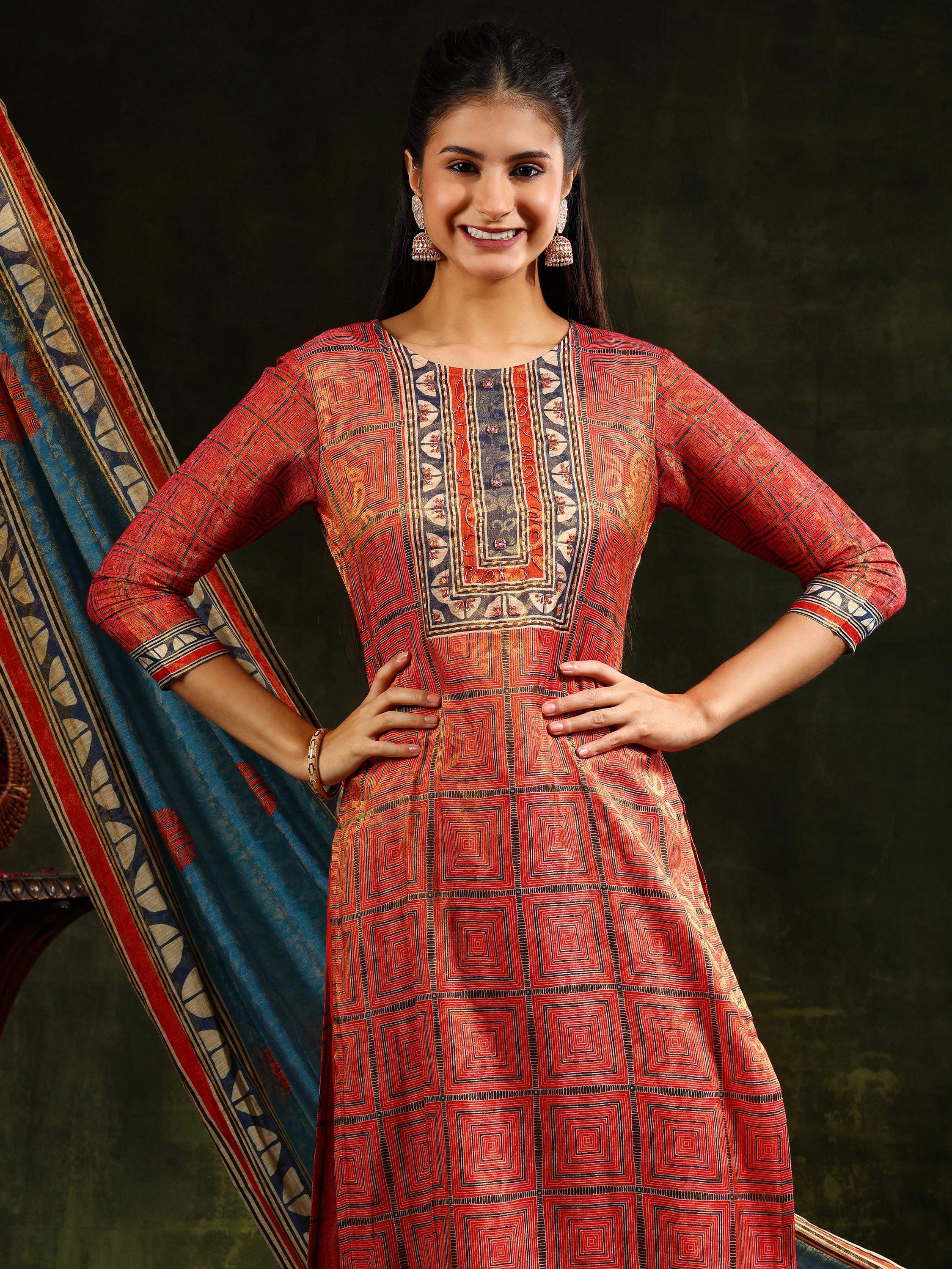 Rust Hand Embroidered Pure Silk Jacquard Kurta Set with Dupatta