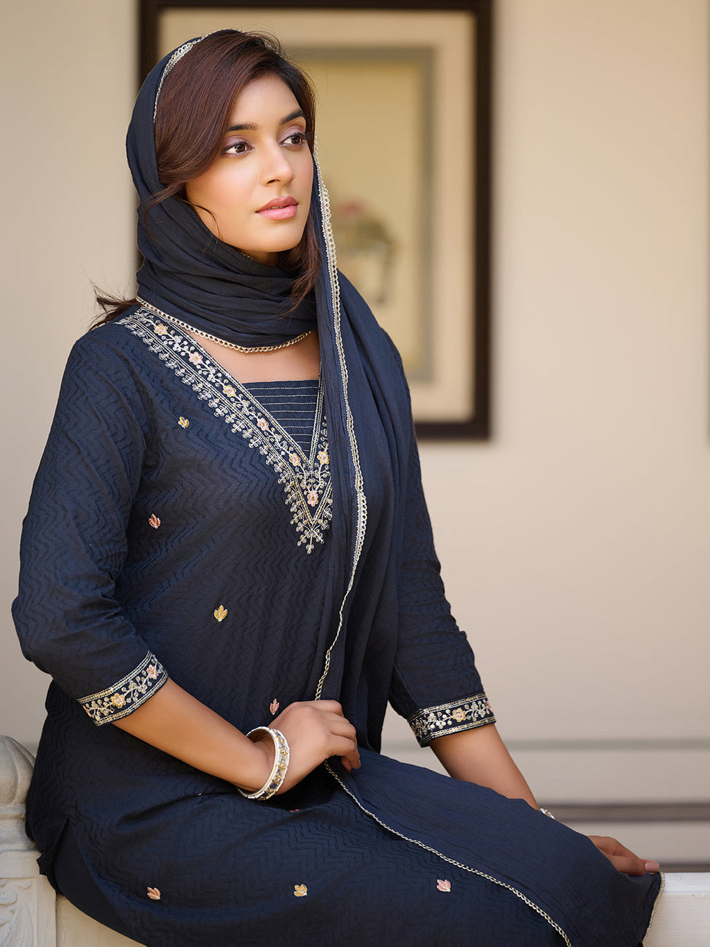 Navy Blue Sequined and Zari Embroidered Kurta Set with Dupatta