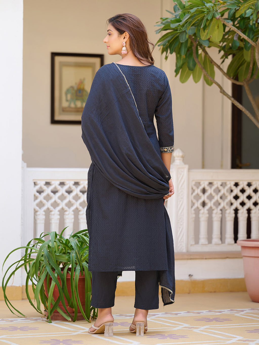 Navy Blue Sequined and Zari Embroidered Kurta Set with Dupatta