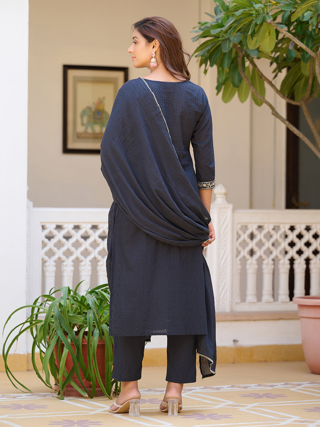 Navy Blue Sequined and Zari Embroidered Kurta Set with Dupatta