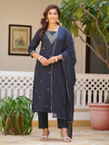 Navy blue cotton kurta set with zari and sequin embroidery featuring 3/4th sleeves and sweetheart neck