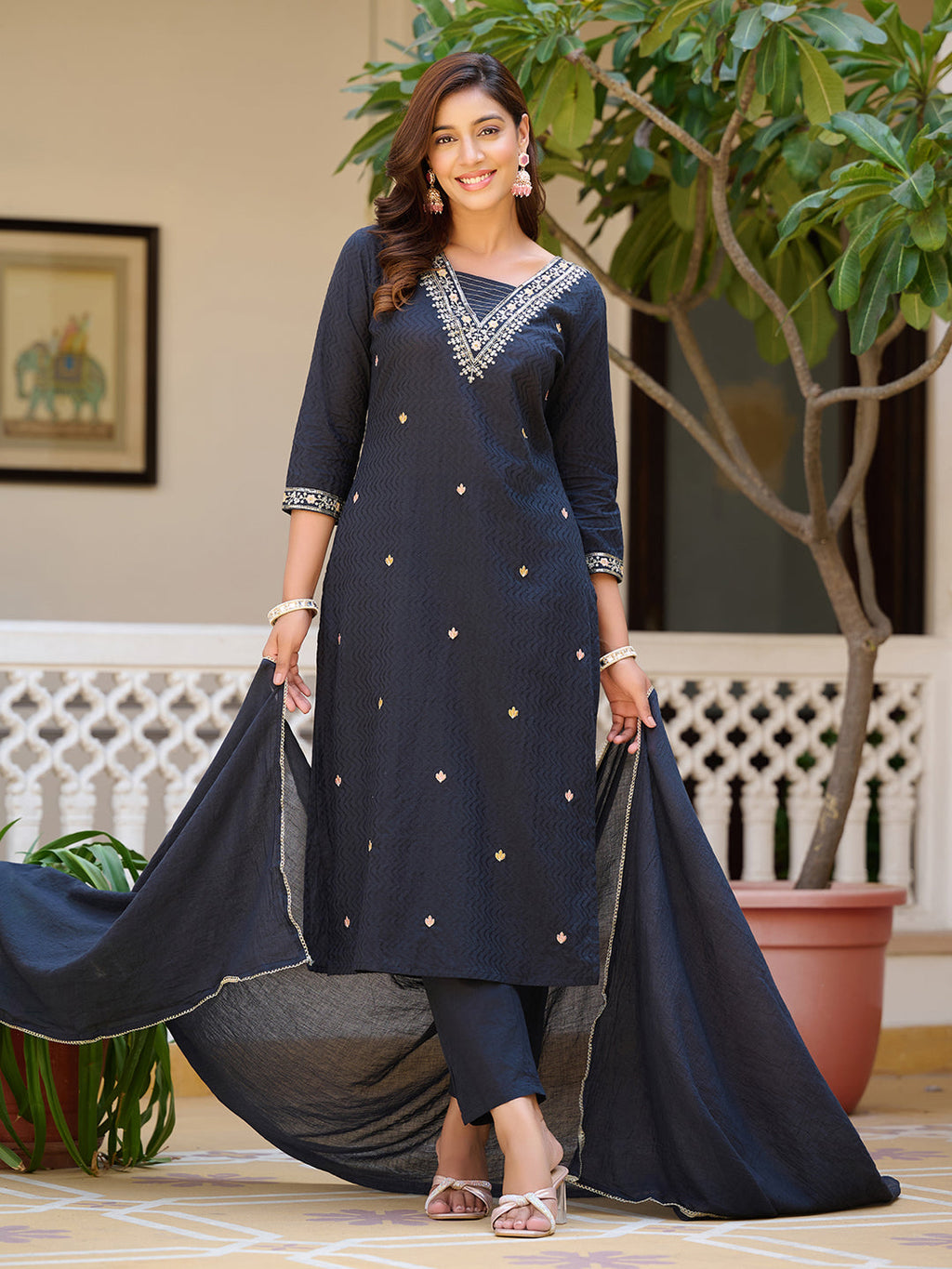 Navy Blue Sequined and Zari Embroidered Kurta Set with Dupatta