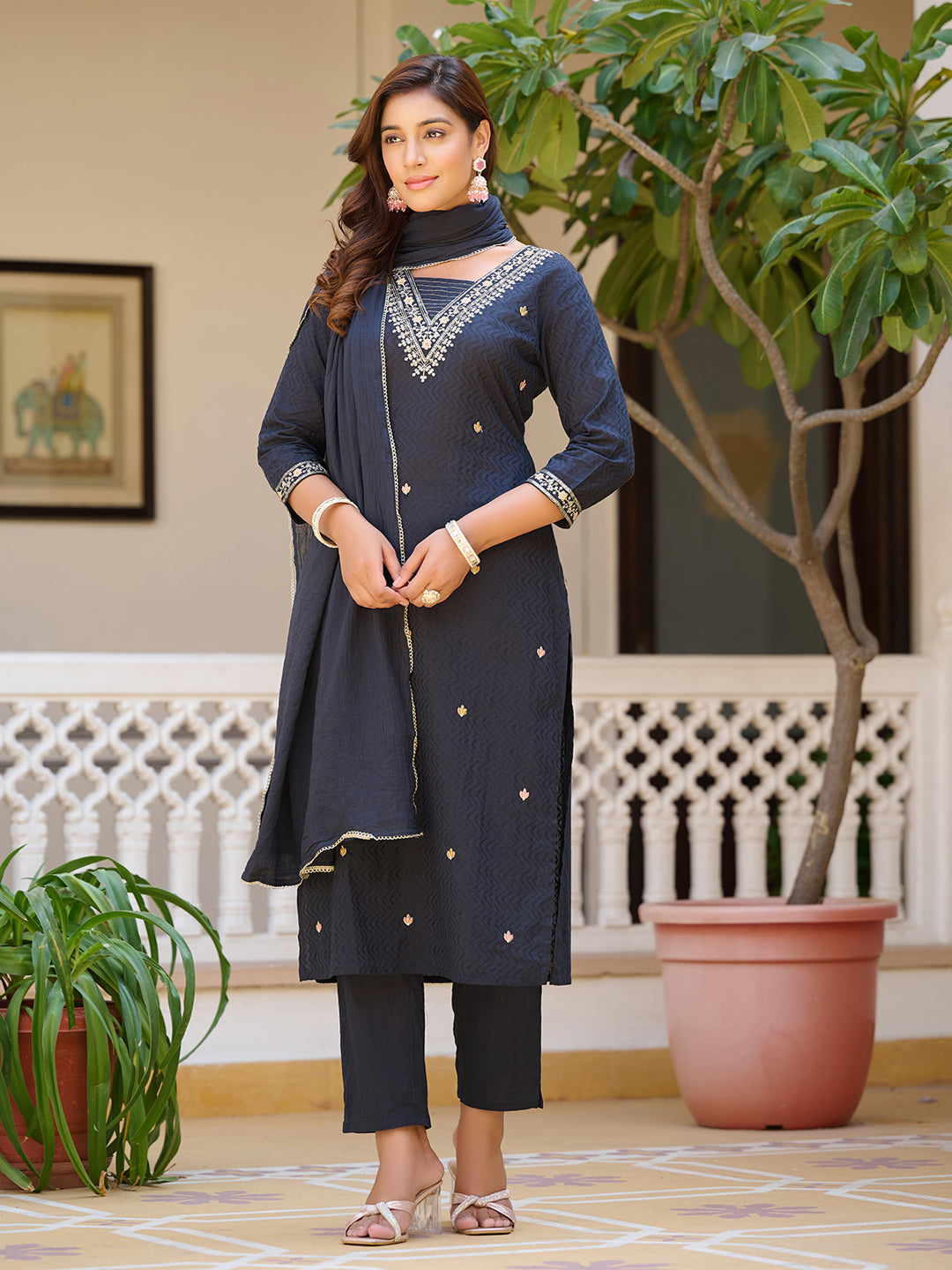 Navy Blue Sequined and Zari Embroidered Kurta Set with Dupatta