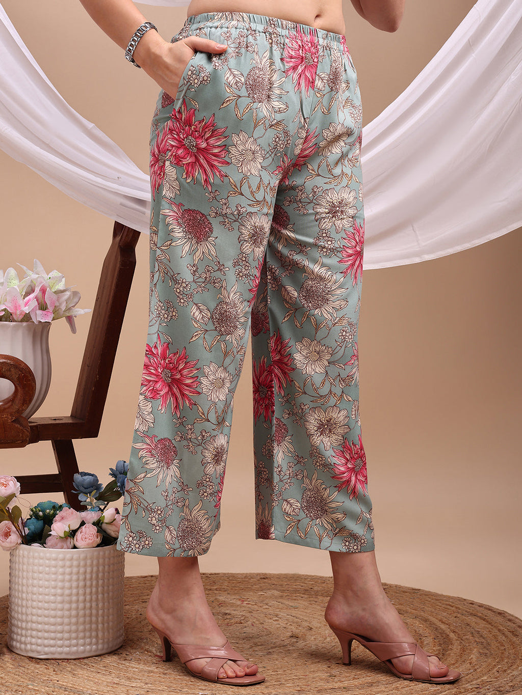 Turquoise Floral Printed Kurta Set with Palazzo Pants