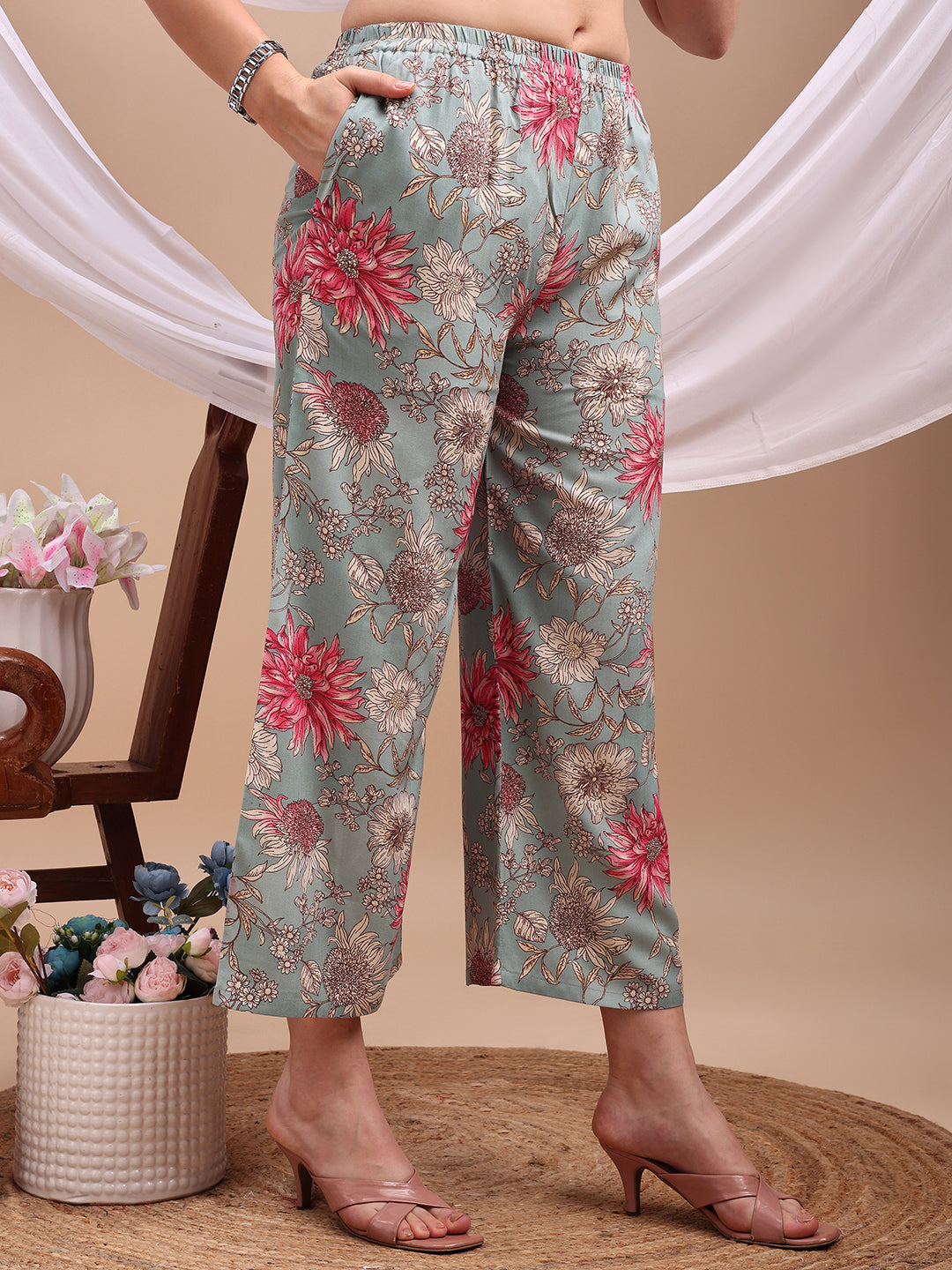 Turquoise Floral Printed Kurta Set with Palazzo Pants