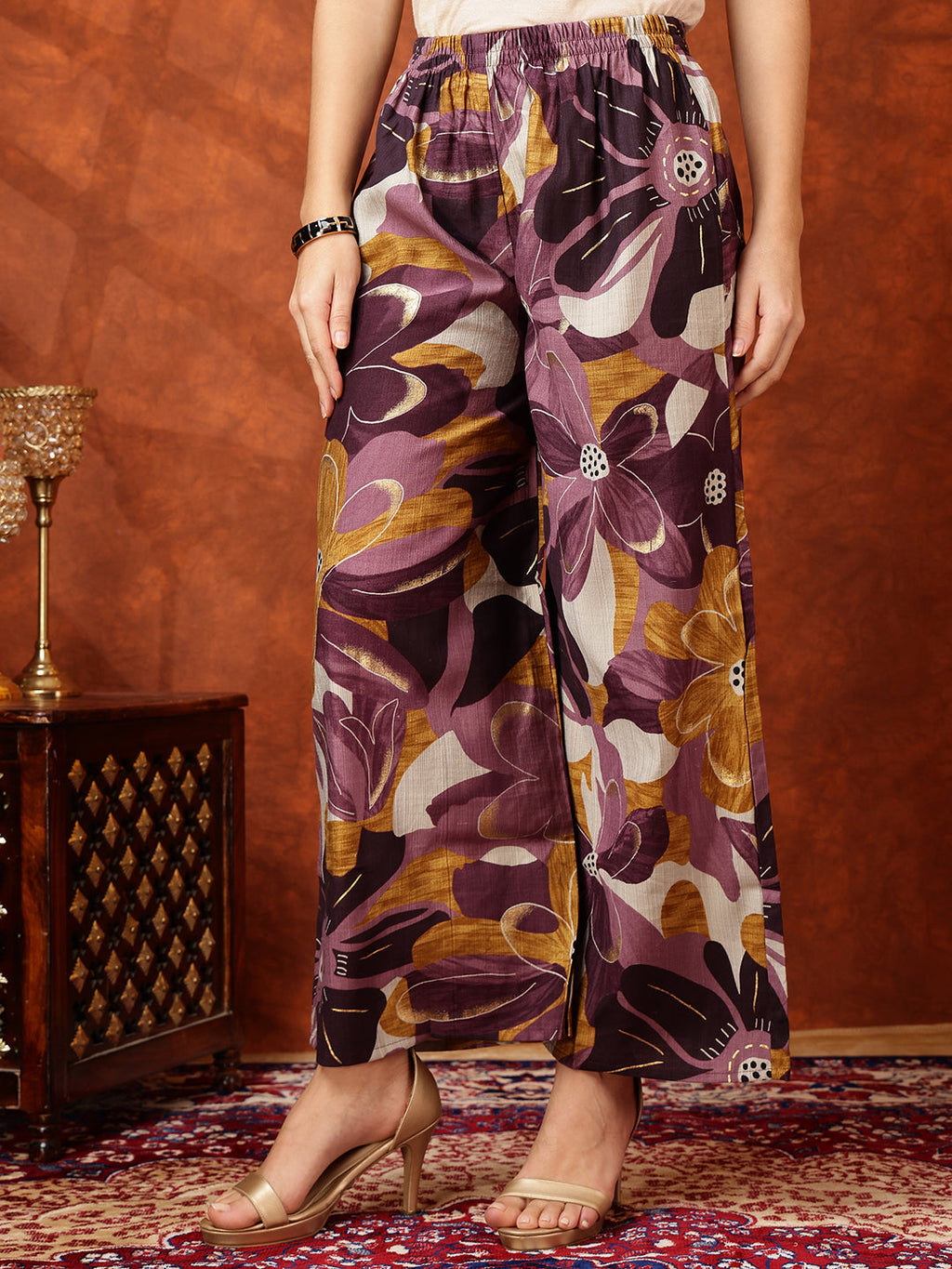 Purple Floral Printed Kurta with Palazzo Set - Rayon Ethnic Wear