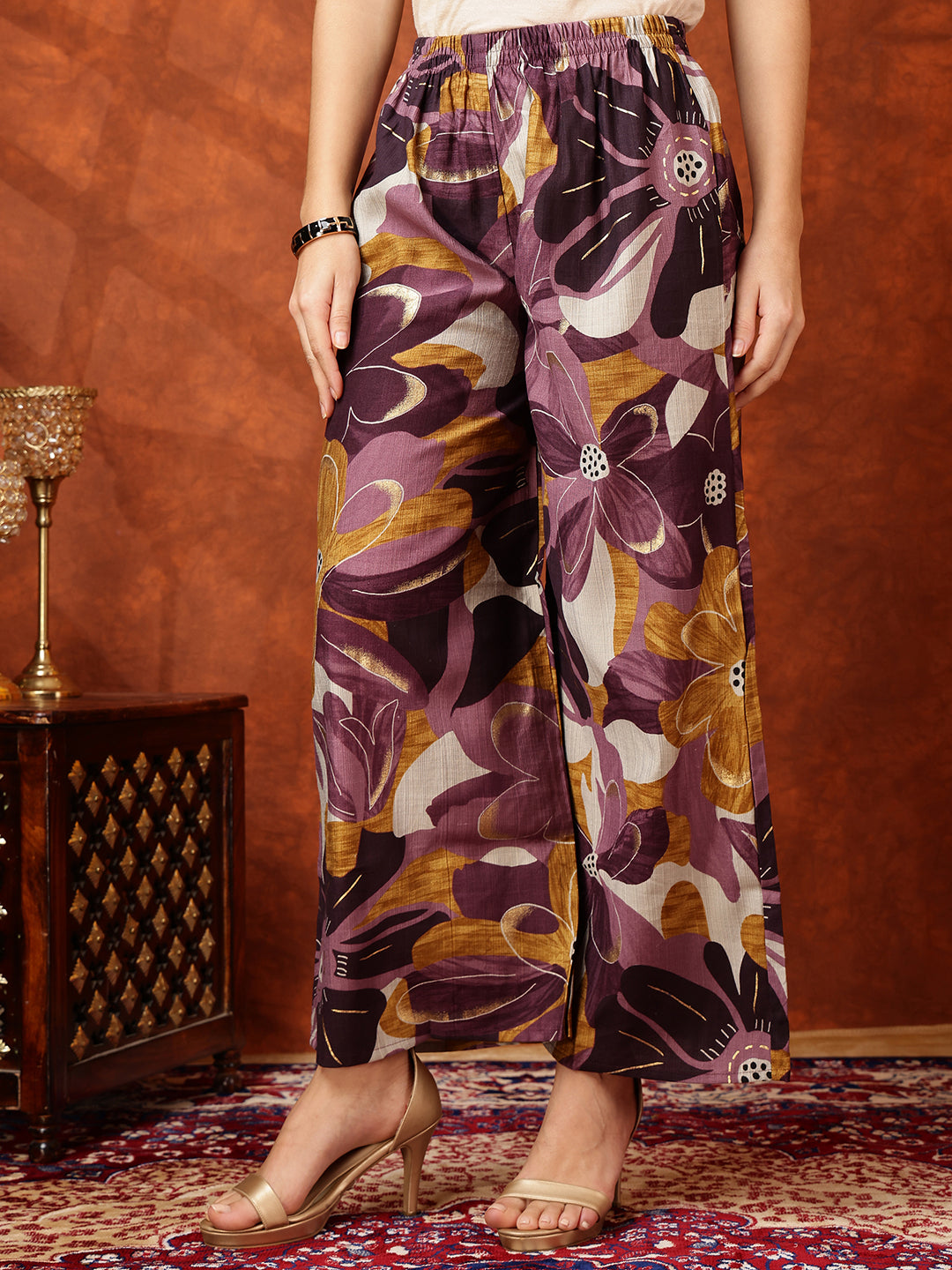 Purple Floral Printed Kurta with Palazzo Set - Rayon Ethnic Wear