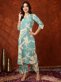 Turquoise floral printed cotton collared kurta with matching palazzo