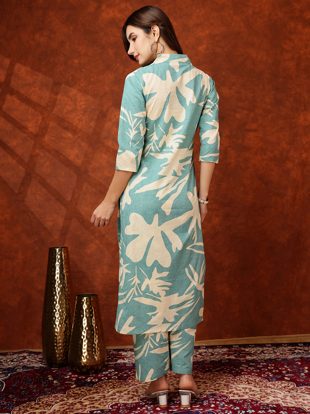 Turquoise Floral Printed Collared Kurta With Palazzo