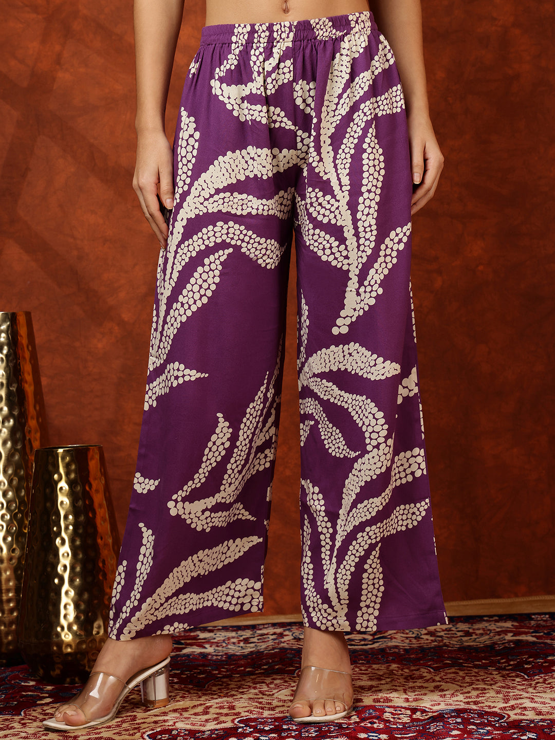 Purple Botanical Printed Kurta with Palazzo Pants Set