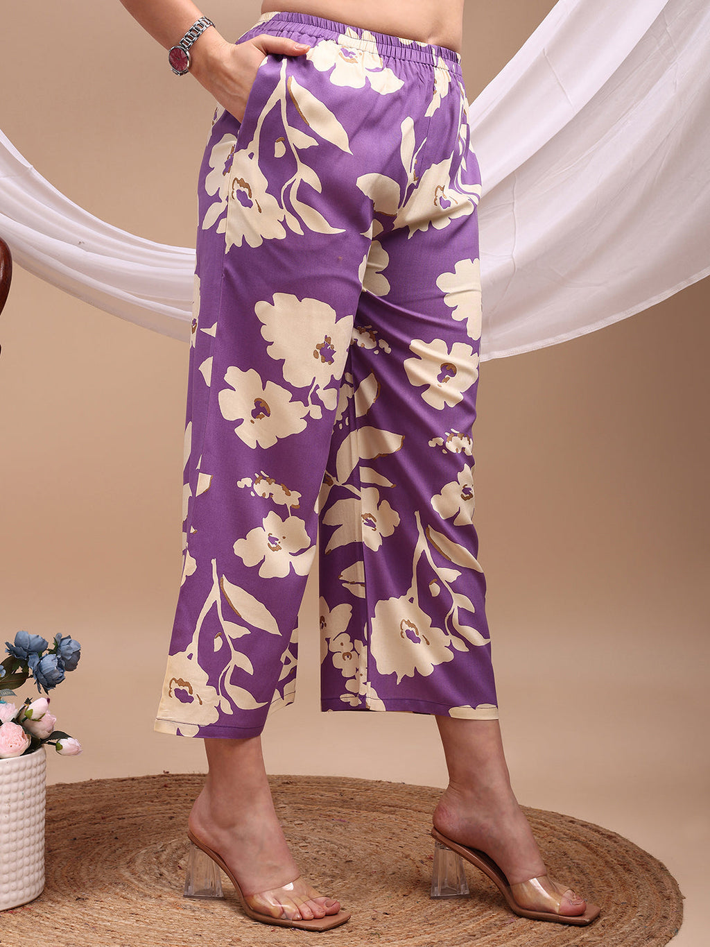 Lavender Floral Printed Rayon Kurta with Palazzo Pant Set